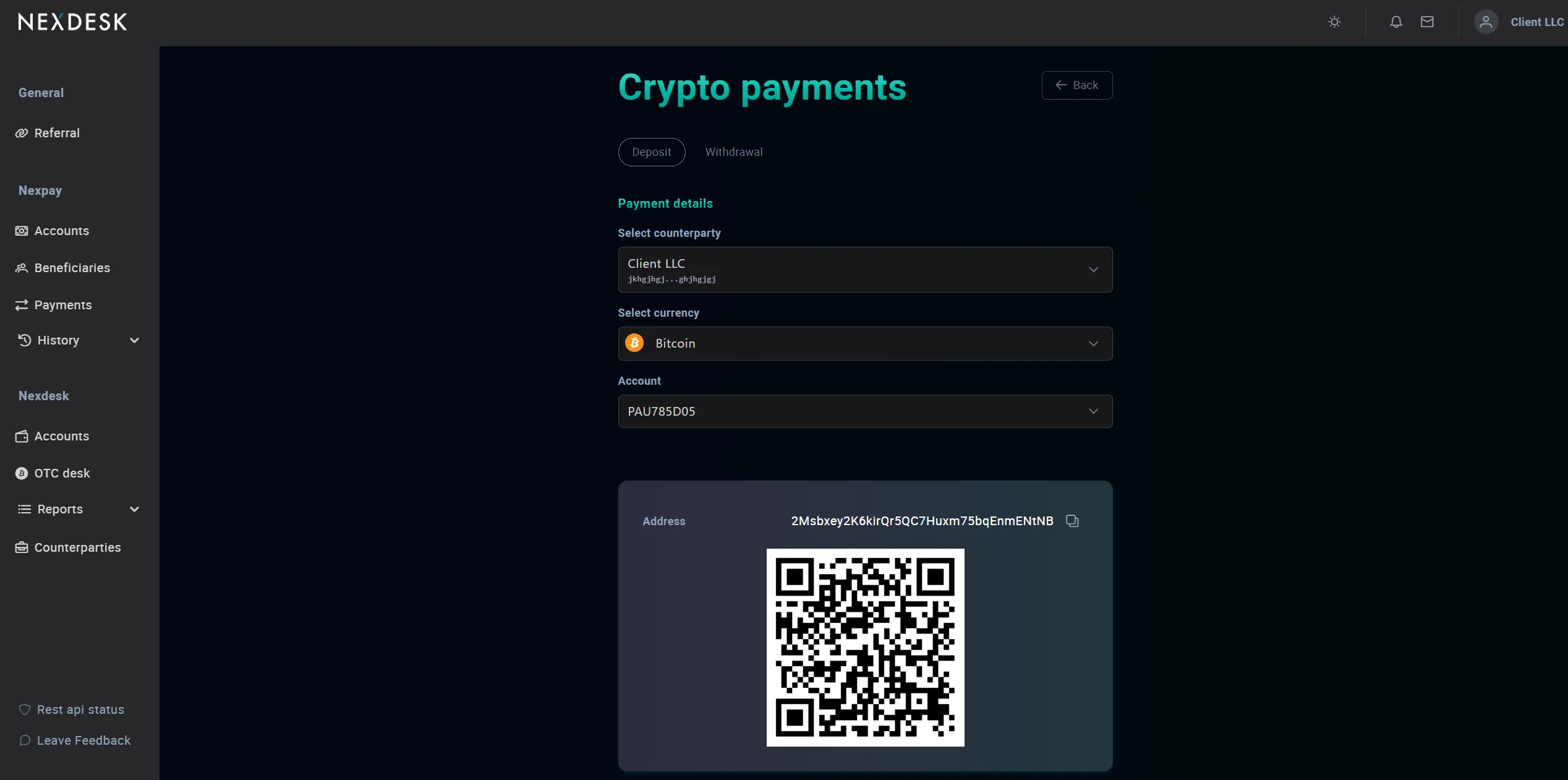 Deposit crypto to your Nexdesk account